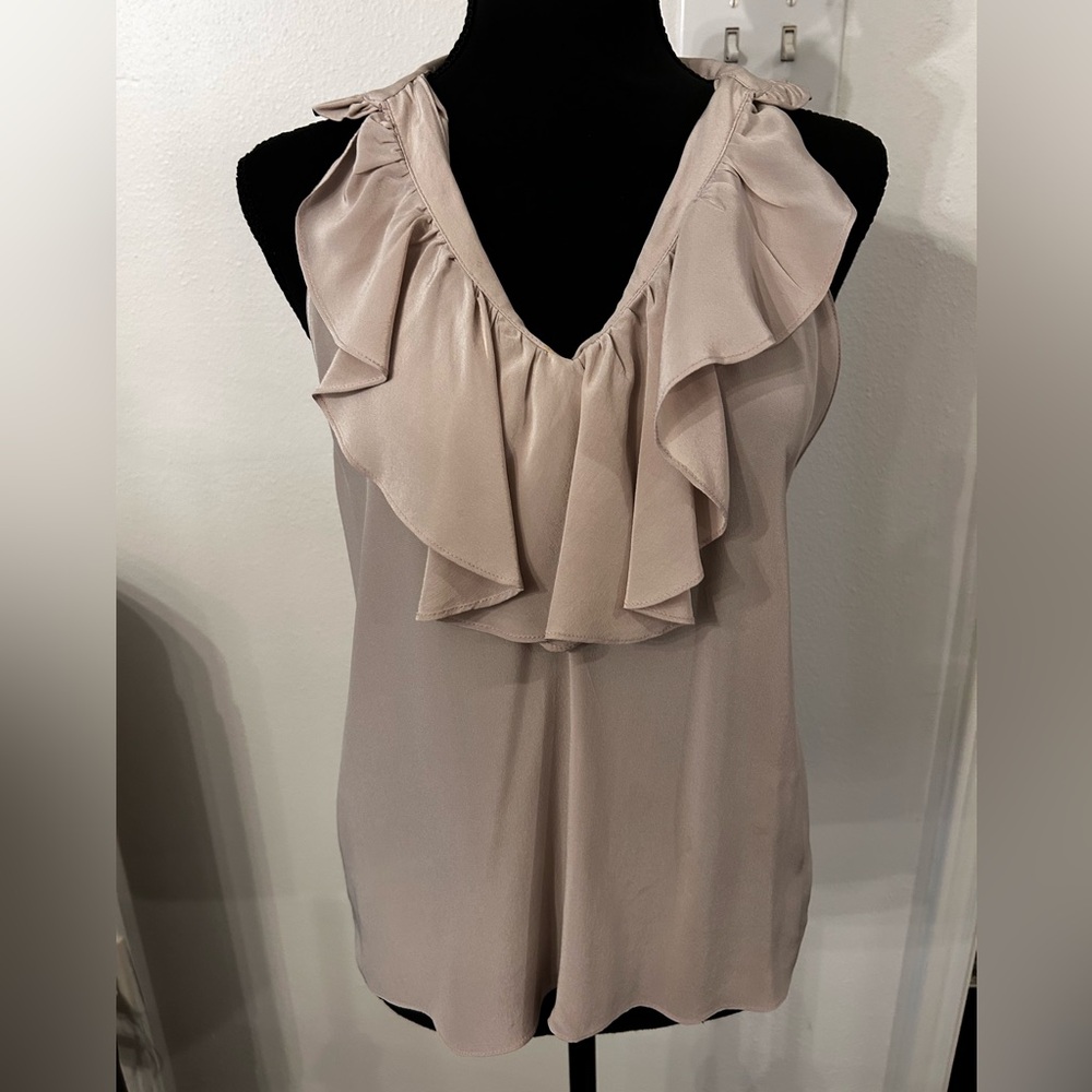 Geren Ford Taupe Ruffle V-Neck Sleeveless Blouse